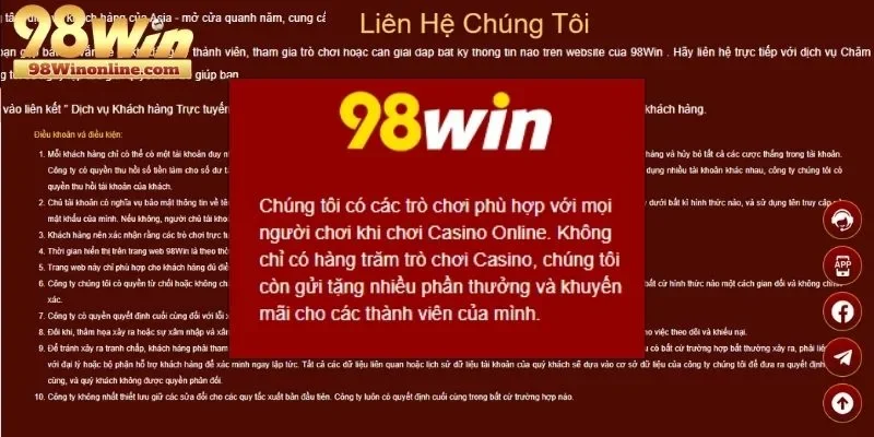 Quyền lợi theo điều khoản 98WIN