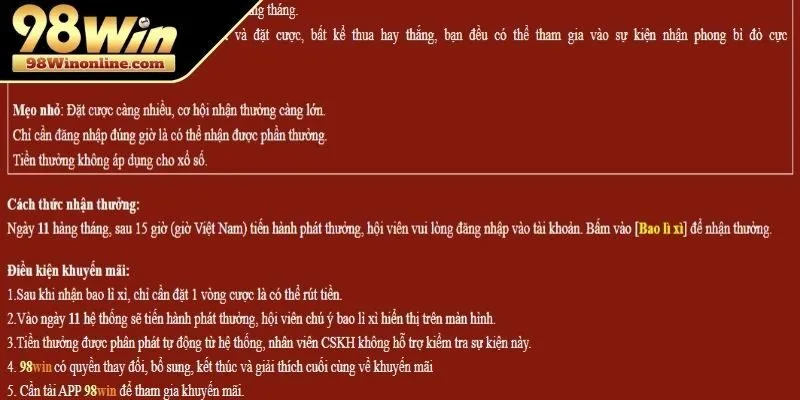 Tìm hiểu khuyến mãi ngày 9 98WIN